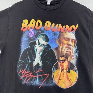 Bad Bunny Multi Image Tours Albums Song Black Cotton VERY RARE Music Tshirt SZ L